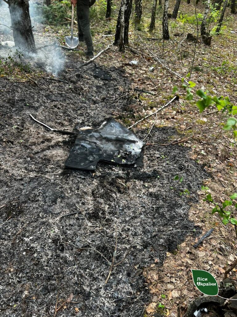 Після падіння уламків ворожого дрона у Словечанському надлісництві ДП «Ліси України» на Житомирщині спалахнула лісова пожежа!